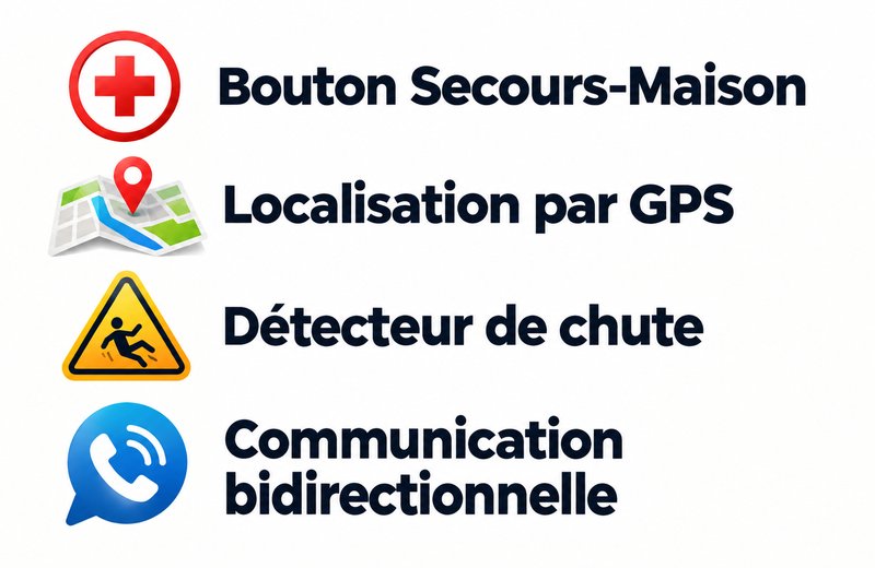 Fonctionnalités du bouton GPS Secours-Mobile : bouton Secours-Maison, localisation par GPS, détecteur de chute, communication bidirectionnelle